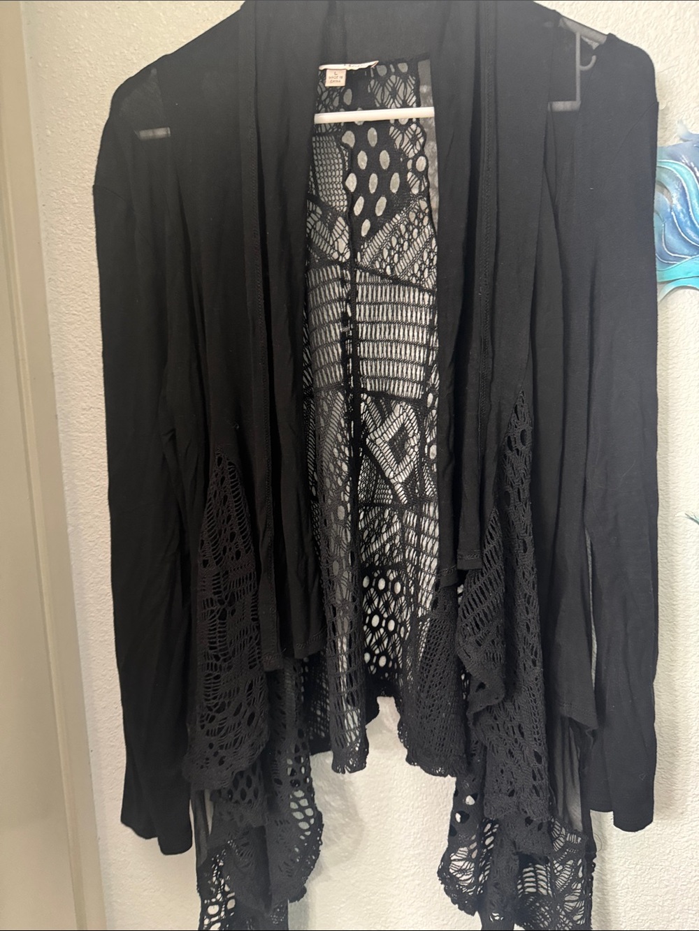 Haani Black Open-Front Crochet-Trim Cardigan